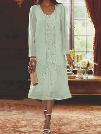 セージグリーンマザードレス デザインネックライン 長袖 ツーピース スパンコール ゲストドレス 結婚式用