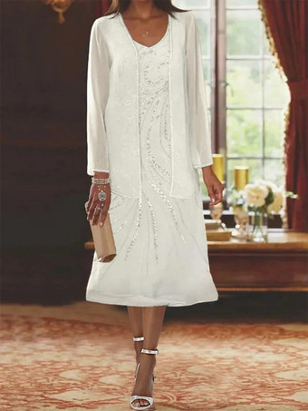 アイボリーマザードレス デザインネックライン 長袖 ツーピース スパンコール ゲストドレス 結婚式用