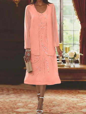 ピーチ ファズマザードレス デザインネックライン 長袖 ツーピース スパンコール ゲストドレス 結婚式用