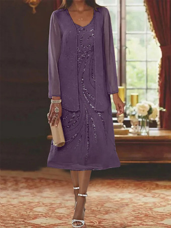 プラムマザードレス デザインネックライン 長袖 ツーピース スパンコール ゲストドレス 結婚式用