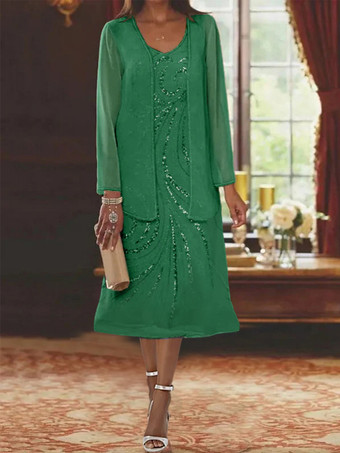 グリーン マザードレス デザインネックライン 長袖 ツーピース スパンコール ゲストドレス 結婚式用