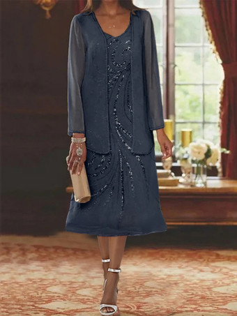 ダークグレー マザードレス デザインネックライン 長袖 ツーピース スパンコール ゲストドレス 結婚式用