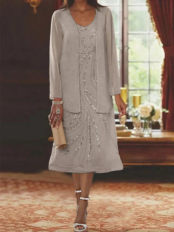 ライトグレーマザードレス デザインネックライン 長袖 ツーピース スパンコール ゲストドレス 結婚式用