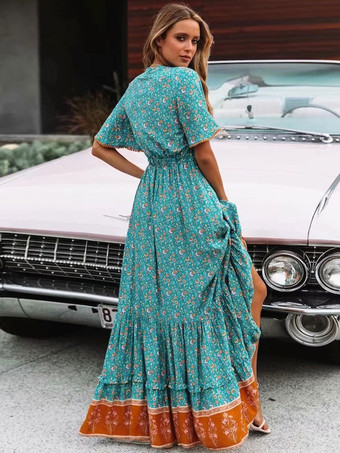 マキシドレスVネック半袖ポリエステルプリントロングワンピース