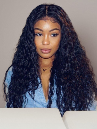 ブラック 女性用アフリカンロングカーリーヘアミドルパート合成ウィッグ 2025