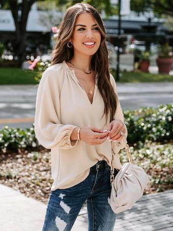 khaki Long Sleeves Tees Khaki V-Neck Women Tee Shirt