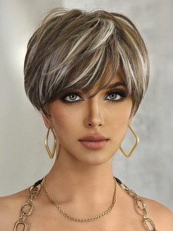 ライトブラウンハイライト ショート ピクシーカット ウィッグ 耐熱ファイバー デイリー 合成ウィッグ 女性用 2025