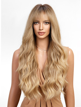 エアバング付きロングウェーブヘアウィッグ 女性用 合成デイリーウィッグ 2025