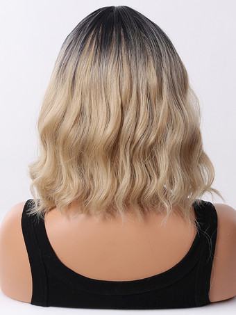 カーテンバング付きのグラデーションショートヘアウォーターリップル合成ウィッグ女性用2025