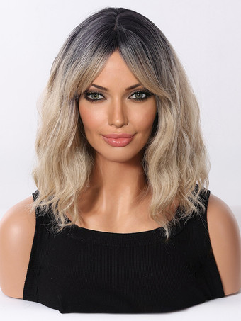 カーテンバング付きのグラデーションショートヘアウォーターリップル合成ウィッグ女性用2025