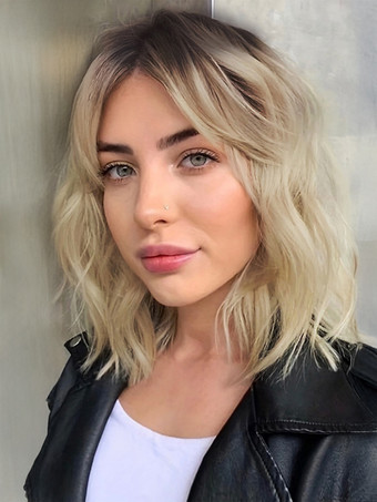 ゴールド カーテンバング付きのグラデーションショートヘアウォーターリップル合成ウィッグ女性用2025