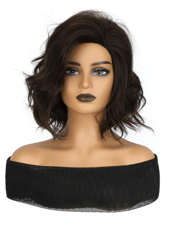 ブラウン女性用ミディアムカーリーヘアサイドパート合成ウィッグ 2025
