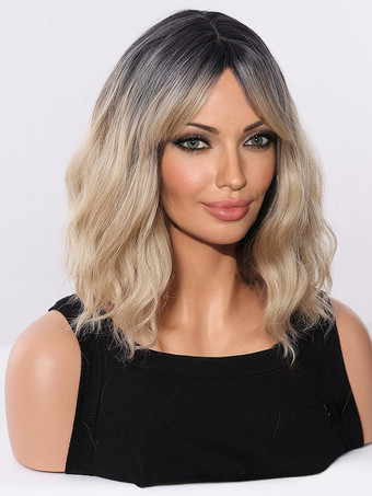 カーテンバング付きのグラデーションショートヘアウォーターリップル合成ウィッグ女性用2025