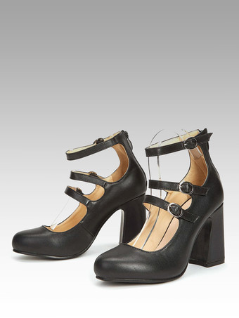 Women High Heels Chunky Heel Pumps PU Leather Black Ankle Strap Vintage Shoes