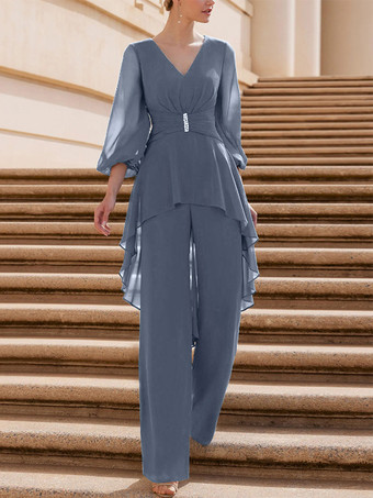 スレートグレー ブライダルマザードレス Vネック 半袖 ジャンプスーツ フリル 床長さのゲストドレス 結婚式用