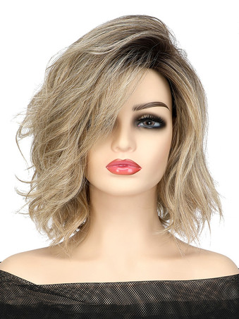 女性用ミディアムカーリーヘアサイドパート合成ウィッグ 2025