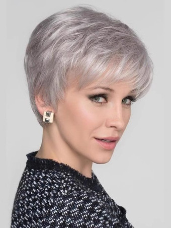 シルバー サイドバング付きグレーショートヘア合成ウィッグ女性用 2025