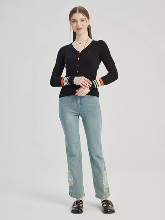 Black Knit Cardigan V-neck Colorful Buttons Striped Cuffs Spring Tops For Women 2025