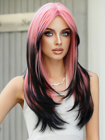 ピンク カーテンバング付きのグラデーションロングストレートヘア、レイヤードフルヘッド合成ウィッグ、女性用 2025