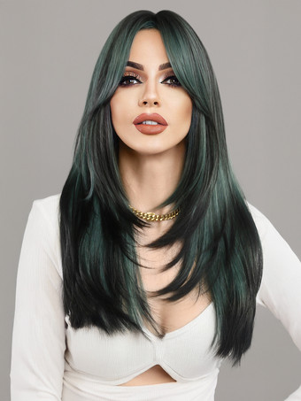 グリーン カーテンバング付きのグラデーションロングストレートヘア、レイヤードフルヘッド合成ウィッグ、女性用 2025