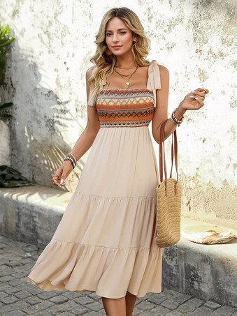 アプリコットボヘミアン ミディドレス レイヤード A ライン サマードレス レディース 2025