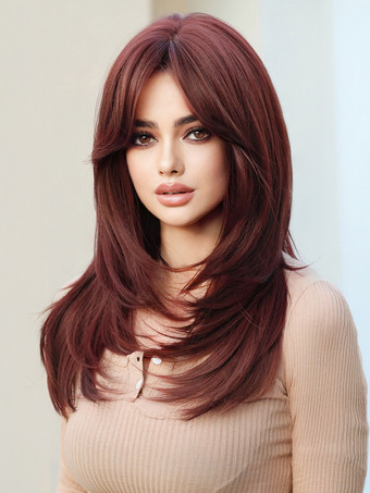 レッド カーテンバング付きのグラデーションロングストレートヘア、レイヤードフルヘッド合成ウィッグ、女性用 2025