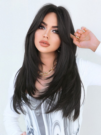 ブラック カーテンバング付きのグラデーションロングストレートヘア、レイヤードフルヘッド合成ウィッグ、女性用 2025