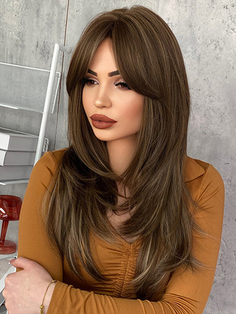 カーテンバング付きのグラデーションロングストレートヘア、レイヤードフルヘッド合成ウィッグ、女性用 2025