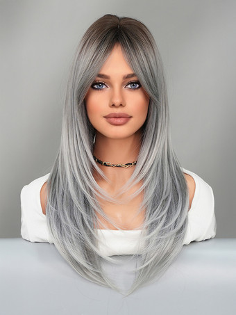 グレイカーテンバング付きのグラデーションロングストレートヘア、レイヤードフルヘッド合成ウィッグ、女性用 2025