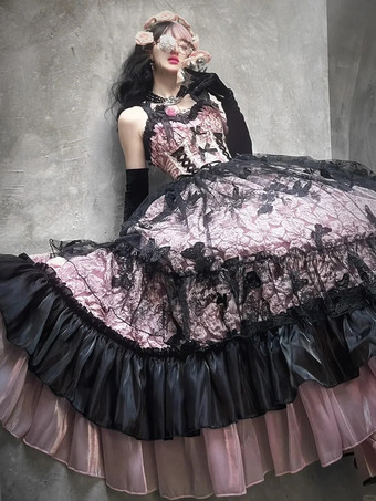 ゴシックロリータドレス レースフリル 花柄 かわいいプリンセスドレス ノースリーブ メッシュフリル ロングドレス