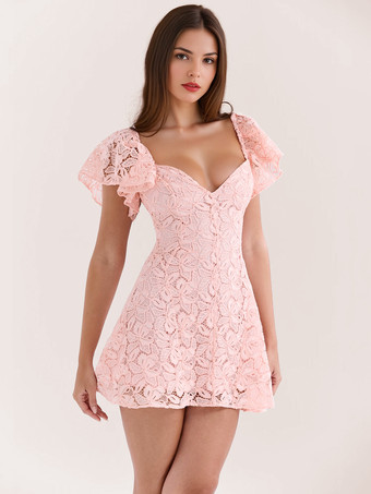 ソフトピンクのレースドレス Vネック フラッタースリーブ サマーAラインミニドレス レディース 2025