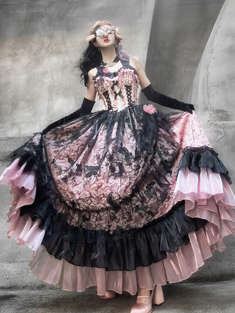 ゴシックロリータドレス レースフリル 花柄 かわいいプリンセスドレス ノースリーブ メッシュフリル ロングドレス