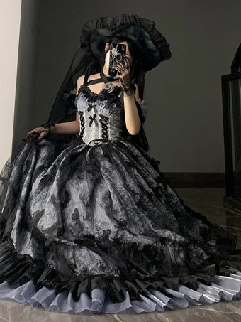 ゴシックロリータドレス レースフリル 花柄 かわいいプリンセスドレス ノースリーブ メッシュフリル ロングドレス