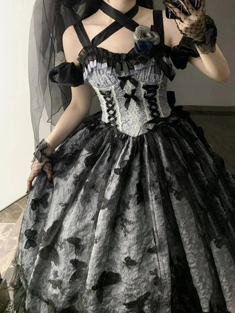 ゴシックロリータドレス レースフリル 花柄 かわいいプリンセスドレス ノースリーブ メッシュフリル ロングドレス