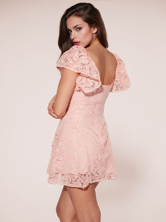 ソフトピンクのレースドレス Vネック フラッタースリーブ サマーAラインミニドレス レディース 2025