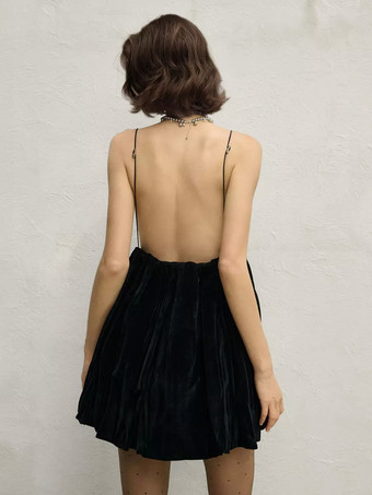 ベルベットミニドレス Vネック バックレス スパゲッティストラップ Aライン パーティードレス レディース 2025