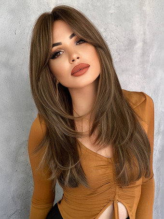 ライトブラウンカーテンバング付きのグラデーションロングストレートヘア、レイヤードフルヘッド合成ウィッグ、女性用 2025