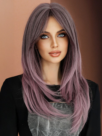 パープル カーテンバング付きのグラデーションロングストレートヘア、レイヤードフルヘッド合成ウィッグ、女性用 2025