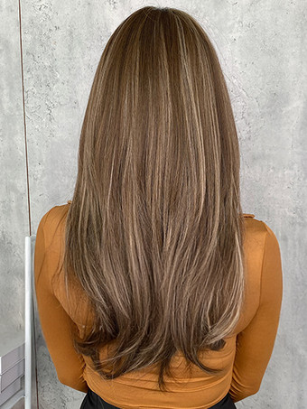 カーテンバング付きのグラデーションロングストレートヘア、レイヤードフルヘッド合成ウィッグ、女性用 2025