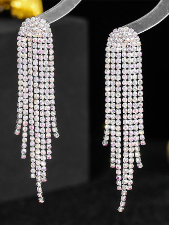 女性のための光沢のある長いタッセルラインストーンイヤリング 2025