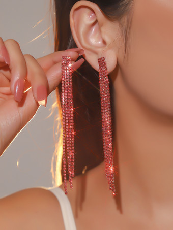レッド 女性用ロングタッセルラインストーンイヤリング 2025