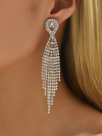 シルバー 女性のための光沢のあるラインストーンタッセルイヤリング 2025