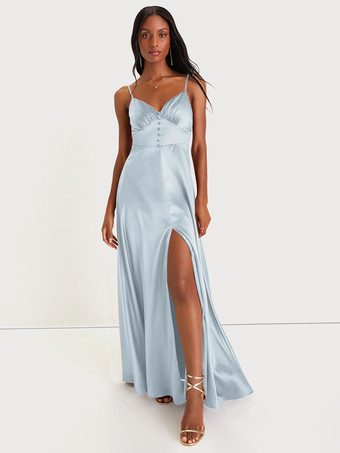 スカイブルー ブライズメイドドレス スパゲッティストラップ オープンバック ハイスリット Aライン プロム マキシドレス