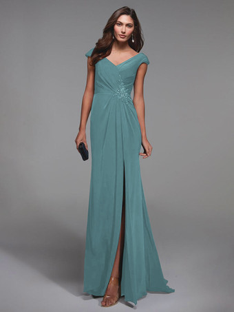 ティールパーティードレス花嫁の母のための V ネック半袖レースの詳細マーメイドゲストドレス結婚式のための