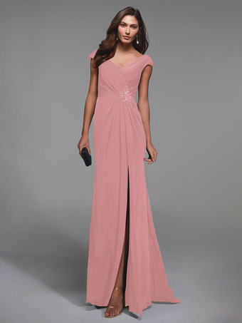 ソフトピンクパーティードレス花嫁の母のための V ネック半袖レースの詳細マーメイドゲストドレス結婚式のための