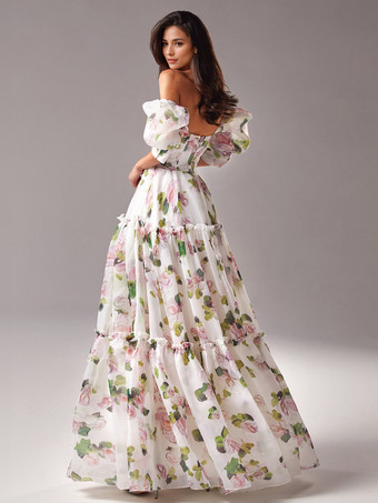 パーティードレス 花柄 オフショルダー ティアード Aライン エレガント プロム マキシ フォークロア ドレス