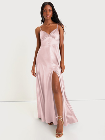 ソフトピンクブライズメイドドレス スパゲッティストラップ オープンバック ハイスリット Aライン プロム マキシドレス