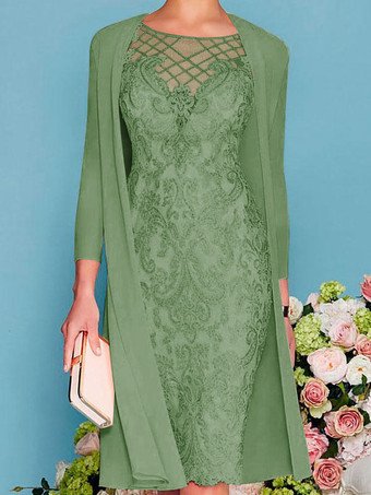 セージグリーンブライダルマザードレス 2点セット ジュエルネック 3/4丈スリーブ シース レース ビーズ ウェディングゲストドレス 無料カスタマイズ