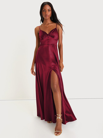 バーガンディーブライズメイドドレス スパゲッティストラップ オープンバック ハイスリット Aライン プロム マキシドレス