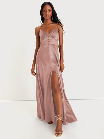 サーモンピンクブライズメイドドレス スパゲッティストラップ オープンバック ハイスリット Aライン プロム マキシドレス